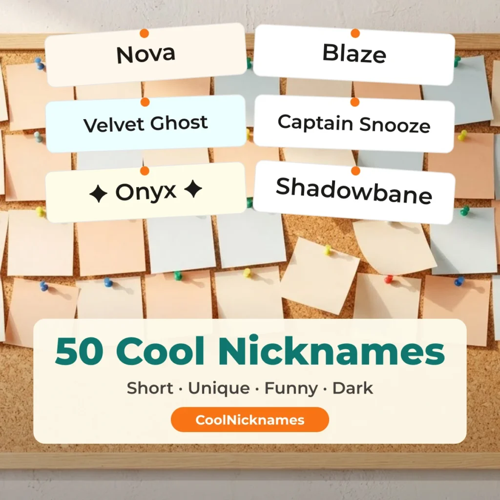 Cool nicknames idea board: Nova, Blaze, Velvet Ghost, Captain Snooze, Onyx and Shadowbane pinned as cards