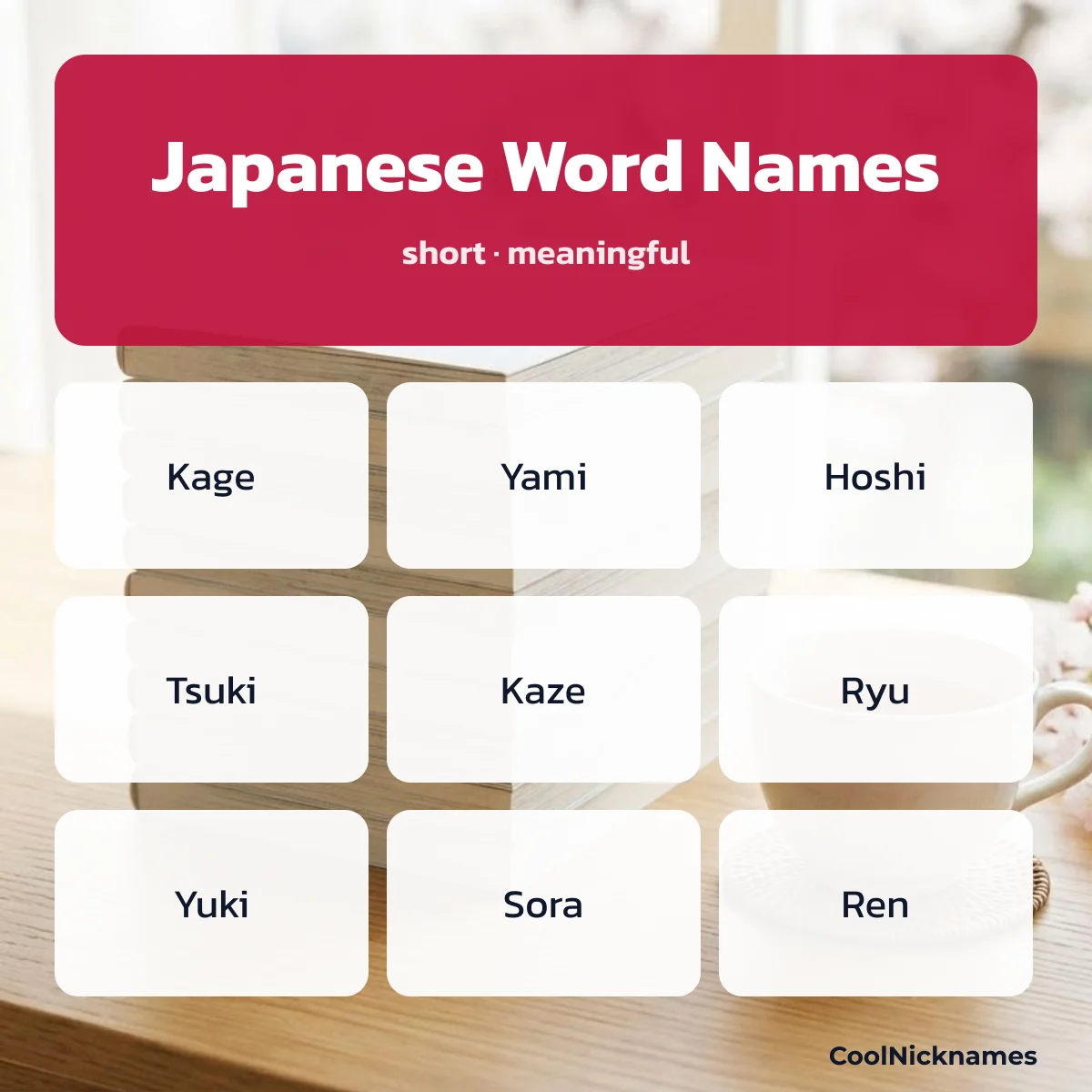 Japanese word anime nicknames Kage, Yami, Hoshi, Tsuki and Kaze