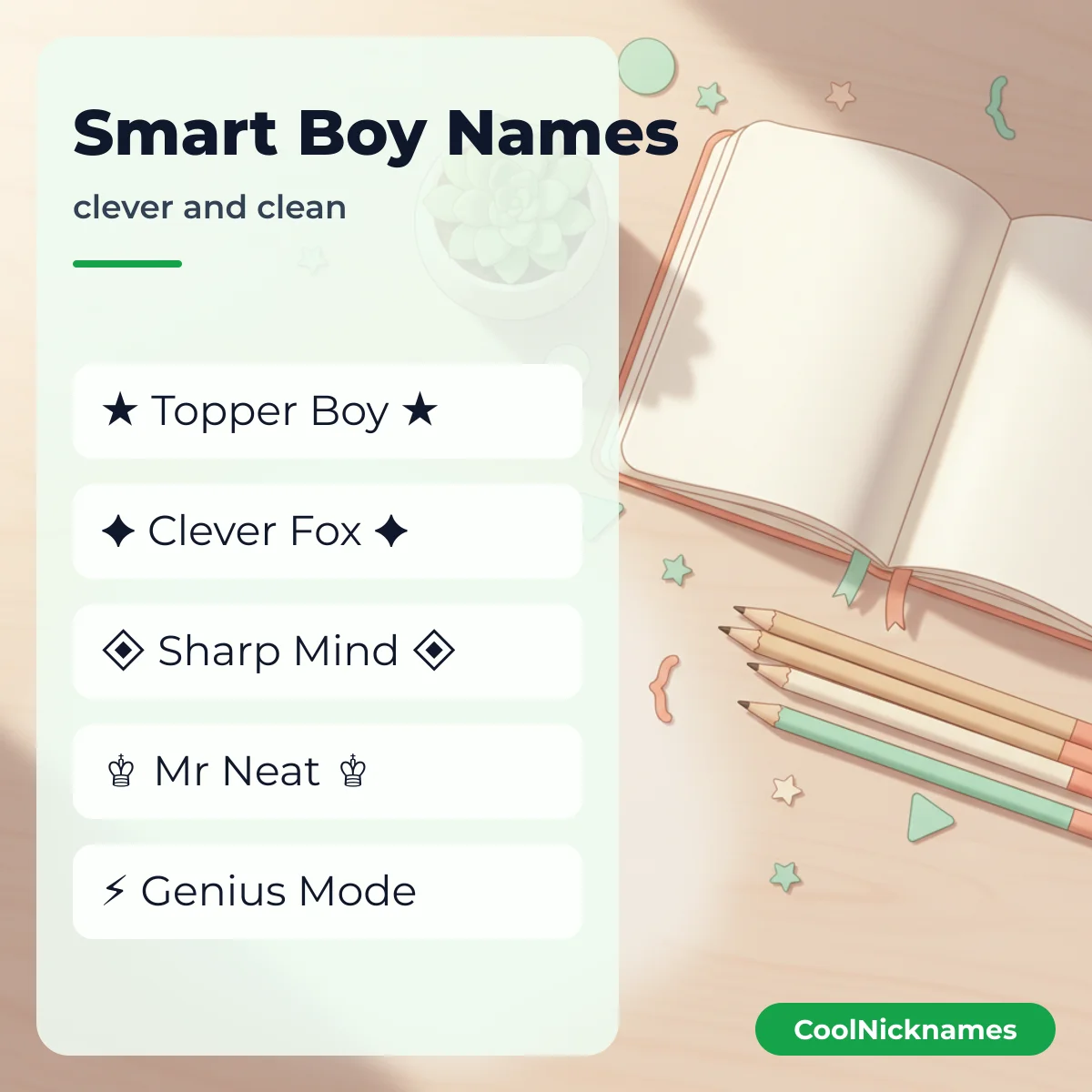 Smart boy stylish names like Topper Boy and Clever Fox